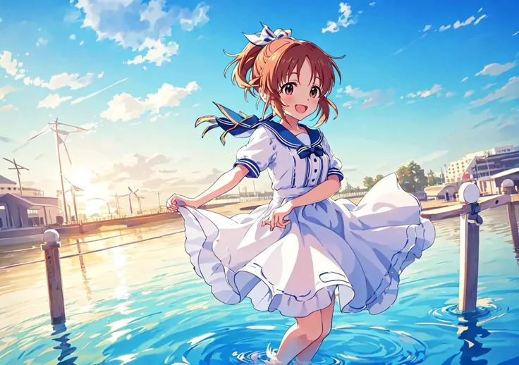 <lora:abe_v2:0.8>,abe nana,1girl,super fine illustration,masterpiece,best quality,standing on the water,knees_together_feet_apart,wind hair,dress white,skirt_hold,strong rim light,light reflection on the surface,many ripples,silhouette,:d,upper_body,