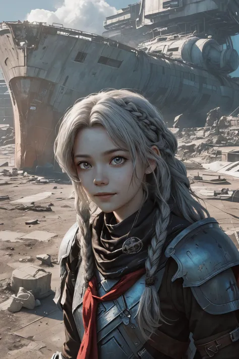 (from above, closeup on face:1.2) photo of <lora:tenletters_v1:.9> tenletters, smiling, she is wearing armor , she is wearing neckerchief, her hair is styled as Braided Curly Hair, BREAK she is (floating in a derelict space ship:1.1), silhouetted against the bright sky, Agfa Vista ,50mm ,shot on Kodak Brownie ,black and white, in the style of Liam Wong