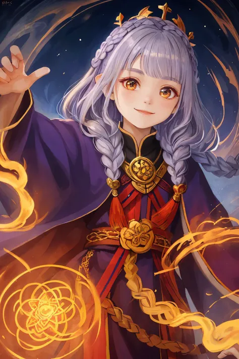 headshot photo of <lora:tenletters_v1:.9> tenletters, focus on smiling face, wearing a mage robe , her hair is styled as dutch fishtail crown braid,