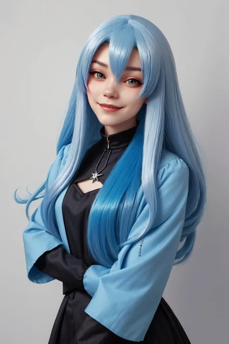 headshot photo of <lora:tenletters_v1:.9> tenletters, focus on smiling face, wearing conservative clothing, her azure color hair is styled as Straight and Sleek,