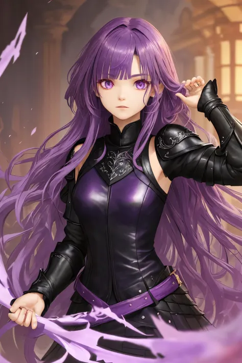 upper body photo of <lora:tenletters_v1:.9> tenletters, focus on face, wearing leather armor , her zinnwaldite purple color hair is styled as long curly hair,