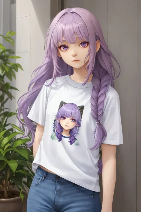 headshot photo of <lora:tenletters_v1:.9> tenletters, focus on face, wearing a tshirt and jeans , her pale violet color hair is styled as Curly Fishtail Braid,