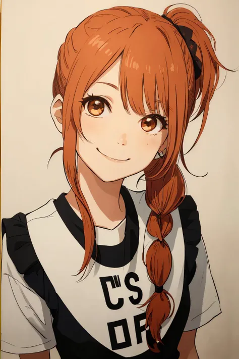 headshot photo of <lora:tenletters_v1:.9> tenletters, focus on smiling face, wearing conservative clothing , her hair is styled as fishtail side ponytail,