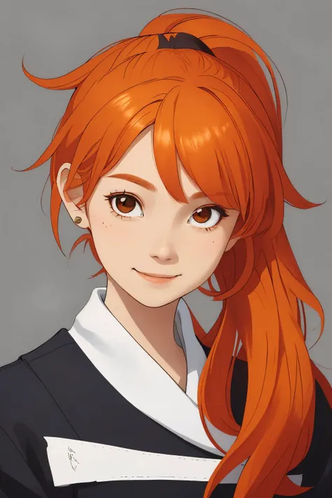 portrait photo of <lora:tenletters_v1:.9> tenletters, focus on smiling face, wearing conservative clothing , her amber-orange color hair is styled as side ponytail hair,