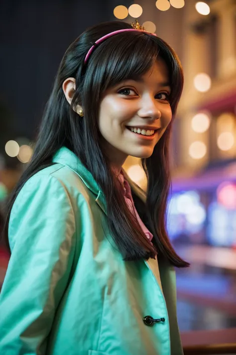 (low angle, headshot:1.2) photo of <lora:tenletters_v1:.9> tenletters, smiling, she is wearing monkey costume , she is wearing lapels, her hair is styled as volume at the crown, BREAK she is (in the terrace:1.1), bright neon lighting, bokeh,50mm ,