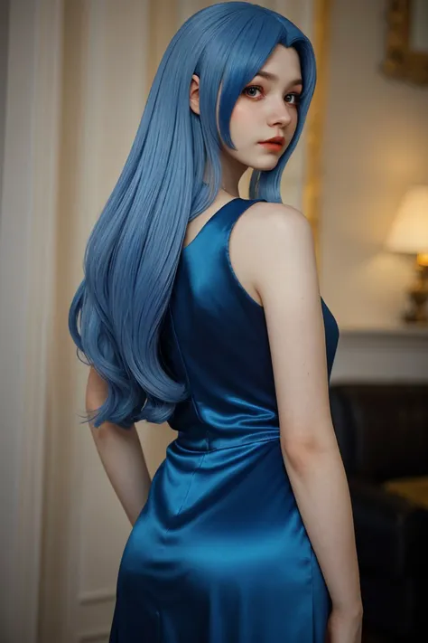 close range of realistic photo of <lora:tenletters_v1:.9> tenletters, focus on face, from behind wearing an elegant evening gown , her federal blue color hair is styled as blunt shoulder-length hair,