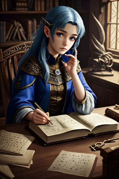 realistic photo of <lora:tenletters_v1:.9> tenletters, (style-swirlmagic:1.0), solo, (full body:0.6), looking at viewer, detailed background, detailed face, intricate details, (high fantasy medieval theme:1.1) scribe sitting at desk, simple clothes, researching, concentrating, surrounded by maps, runes, ledger, cryptic device, floating magical symbols, ancient magic, knowledge, intelligence, discovery, archive in background, magical fantasy atmosphere,