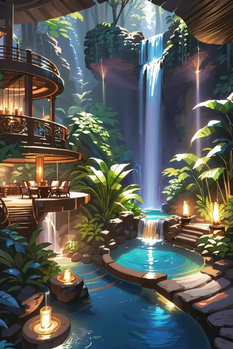 warmly lit interior, in a Pristine Hidden paradise waterfall<lora:EnvyBetterHiresFixXL01:0:hr=1><lora:EnvyBetterHiresFixXL01:0:hr=1><lora:EnvyFutureUtopiaXL01:1>