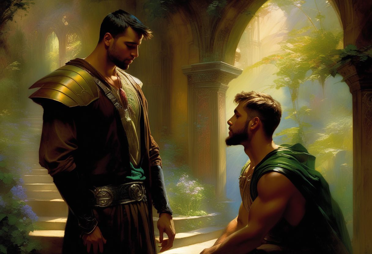 A painting of a man in armor and a man in a green cloak - SeaArt AI