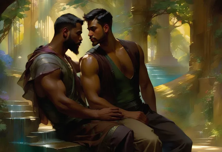 futuristic epic fantasy, science fiction, high-tech, dynamic, magical.
a homoerotic, homoromantic, gay, loving, exciting, steamy, magnificent, sensual, visceral, amazing, sexy, intense, dramatic masterpiece (by Daniel F Gerhartz|Gaston Bussiere|Maximilian Pirner:1.9) of two men in love named R and M.
M and R are both in their early 30s, extremely attractive, virile, powerful, masculine, hairy, strong, desirable, hunky, and manly. M and R are wearing futuristic clothing resembling Robin Hood.
R is a short, brown-skinned, muscular, iraqi man, with very short hair, and a perfect beard. He is shorter than M.
M is a tall, dark-tan-skinned, athletic, mexican protector, with very short hair, and a short beard. He is taller than R.
The setting is indoors. the time is late at night. a warm, gentle, tender, loving, comforting embrace.
The overall mood is provocative, passionate, expressive, sensual, magical, and visceral, evocative of gay romance, gravitas, and love.
extremely detailed, romantic lighting, romantic mood, romantic atmospheric, shadowplay, vignette.