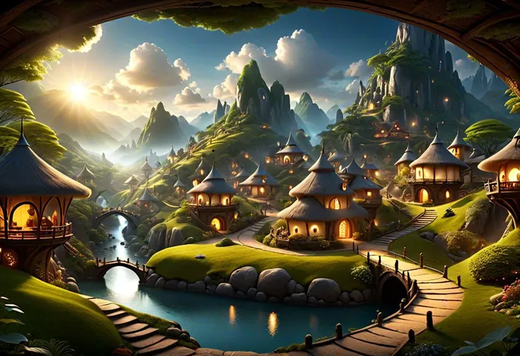 village, (fantasy), whimsical, dramatic light, (((Ultra-HD-photo-same-realistic-quality-details))), ((panoramic view)), intricate details