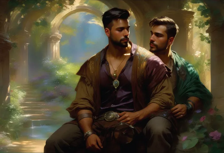 futuristic epic fantasy, science fiction, high-tech, dynamic, magical.
a homoerotic, homoromantic, gay, loving, exciting, steamy, magnificent, sensual, visceral, amazing, sexy, intense, dramatic masterpiece (by Daniel F Gerhartz|Gaston Bussiere|Maximilian Pirner:1.9) of two men in love named R and M.
M and R are both in their early 30s, extremely attractive, virile, powerful, masculine, hairy, strong, desirable, hunky, and manly. M and R are wearing futuristic clothing resembling Robin Hood.
a warm, gentle, tender, loving, comforting embrace.
R is a short, brown-skinned, muscular, iraqi man, with very short hair, and a perfect beard. He is shorter than M.
M is a tall, dark-tan-skinned, athletic, mexican protector, with very short hair, and a short beard. He is taller than R.
The setting is indoors. the time is midnight. it is many years in the future.
The overall mood is provocative, passionate, expressive, sensual, magical, and visceral, evocative of gay romance, gravitas, and love.
extremely detailed, soft romantic lighting, romantic mood, romantic atmospheric, shadowplay, vignette.