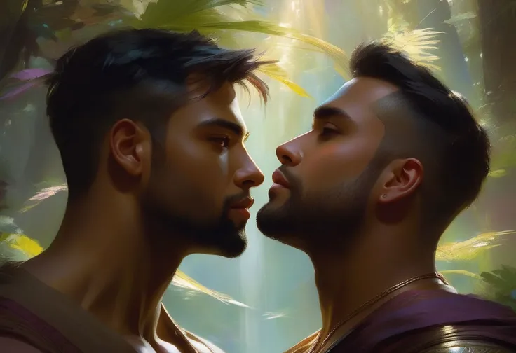 futuristic epic fantasy, science fiction, high-tech, dynamic, magical.
a homoerotic, homoromantic, gay, loving, exciting, steamy, magnificent, sensual, visceral, amazing, sexy, intense, dramatic masterpiece (by Daniel F Gerhartz|Gaston Bussiere|Maximilian Pirner:1.9) of two men deeply in love with each other, named R and M.
M and R are both extremely attractive, virile, powerful, masculine, hairy, strong, desirable, hunky, dreamy, manly men in their early 30s,. M and R are wearing futuristic clothing resembling Robin Hood.
they share a warm, gentle, tender, loving, comforting embrace.
R is a short, gentle, brown-skinned, muscular, iraqi man, with very short hair, and a perfect beard. R is shorter than M.
M is a tall, dark-tan-skinned, athletic, mexican protector, with very short hair, and a short beard. M is taller than R.
The setting is indoors. the time is midnight. it is many years in the future.
The overall mood is provocative, passionate, expressive, sensual, magical, and visceral, evocative of gay romance, gravitas, and love.
extremely detailed, soft romantic lighting, romantic mood, romantic atmospheric, shadowplay, vignette.
