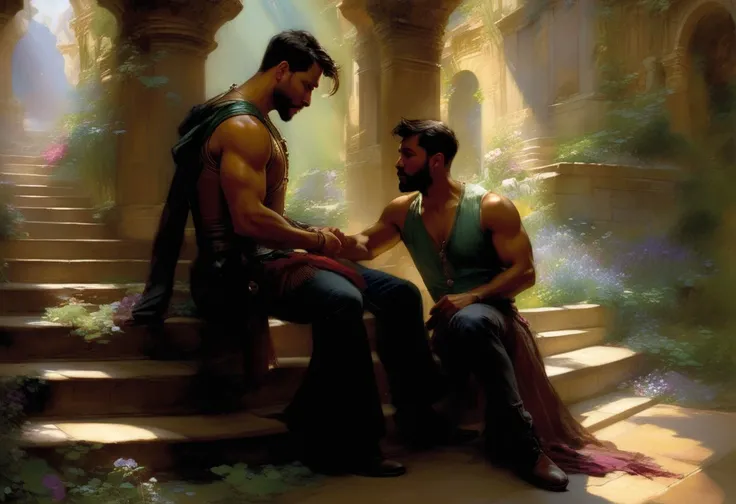 futuristic epic fantasy, science fiction, high-tech, dynamic, magical.
a homoerotic, homoromantic, gay, loving, exciting, steamy, magnificent, sensual, visceral, amazing, sexy, intense, dramatic masterpiece (by Daniel F Gerhartz|Gaston Bussiere|Maximilian Pirner:1.9) of two men deeply in love, named R and M.
M and R are both in their early 30s, extremely attractive, virile, powerful, masculine, hairy, strong, desirable, hunky, and manly. M and R are wearing futuristic clothing resembling Robin Hood.
a warm, gentle, tender, loving, comforting embrace.
R is a short, brown-skinned, muscular, iraqi man, with very short hair, and a perfect beard. He is shorter than M.
M is a tall, dark-tan-skinned, athletic, mexican protector, with very short hair, and a short beard. He is taller than R.
The setting is indoors. the time is midnight. it is many years in the future.
The overall mood is provocative, passionate, expressive, sensual, magical, and visceral, evocative of gay romance, gravitas, and love.
extremely detailed, soft romantic lighting, romantic mood, romantic atmospheric, shadowplay, vignette.