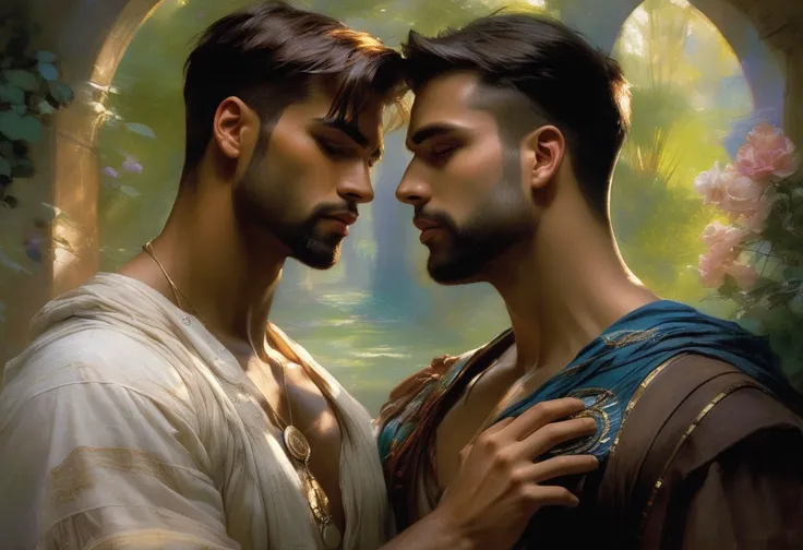 futuristic epic fantasy, science fiction, high-tech, dynamic, magical.
a homoerotic, homoromantic, gay, loving, exciting, steamy, magnificent, sensual, visceral, amazing, sexy, intense, dramatic masterpiece (by Daniel F Gerhartz|Gaston Bussiere|Maximilian Pirner:1.9) of two men deeply in love with each other, named R and M.
M and R are both in their early 30s, extremely attractive, virile, powerful, masculine, hairy, strong, desirable, hunky, and manly. M and R are wearing futuristic clothing resembling Robin Hood.
they share a warm, gentle, tender, loving, comforting embrace.
R is a short, brown-skinned, muscular, iraqi man, with very short hair, and a perfect beard. He is shorter than M.
M is a tall, dark-tan-skinned, athletic, mexican protector, with very short hair, and a short beard. He is taller than R.
The setting is indoors. the time is midnight. it is many years in the future.
The overall mood is provocative, passionate, expressive, sensual, magical, and visceral, evocative of gay romance, gravitas, and love.
extremely detailed, soft romantic lighting, romantic mood, romantic atmospheric, shadowplay, vignette.
