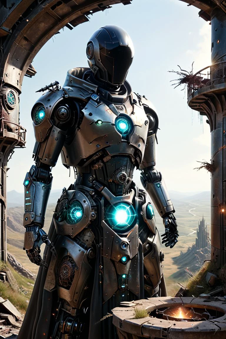 photorealistic, detailed digital illustration of a <lora:WizardCoreAI:0.7> wizardcoreai cyborg, <lora:Faceless_Cyborgs:0.7> noface, cyborg, at a Abandoned watchtower on lonely hill, <lora:xl_more_art-full_v1:0.4>, Rim Lighting , <lora:EnvyFutureUtopiaXL01:0.7>