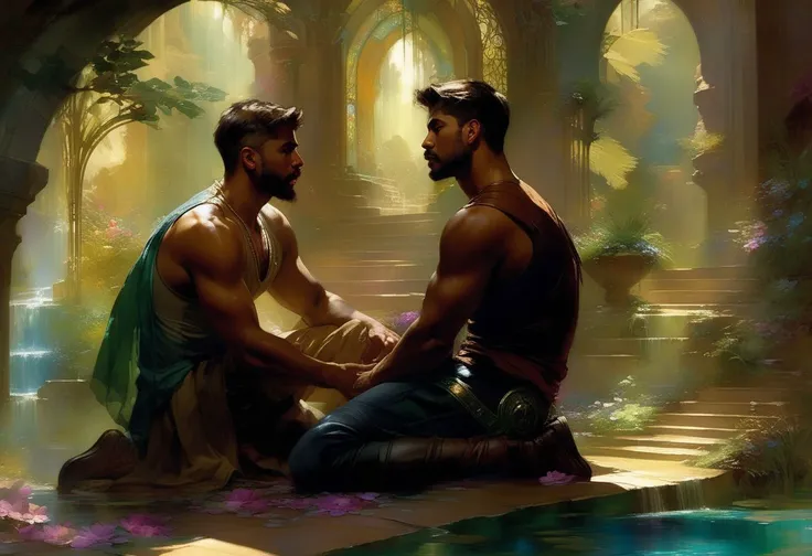futuristic epic fantasy, science fiction, high-tech, dynamic, magical.
a homoerotic, homoromantic, gay, loving, exciting, steamy, magnificent, sensual, visceral, amazing, sexy, intense, dramatic masterpiece (by Daniel F Gerhartz|Gaston Bussiere|Maximilian Pirner:1.9) of two men in love named R and M.
M and R are both in their early 30s, extremely attractive, virile, powerful, masculine, hairy, strong, desirable, hunky, and manly. M and R are wearing futuristic clothing resembling Robin Hood.
a warm, gentle, tender, loving, comforting embrace.
R is a short, brown-skinned, muscular, iraqi man, with very short hair, and a perfect beard. He is shorter than M.
M is a tall, dark-tan-skinned, athletic, mexican protector, with very short hair, and a short beard. He is taller than R.
The setting is indoors. the time is midnight. it is many years in the future.
The overall mood is provocative, passionate, expressive, sensual, magical, and visceral, evocative of gay romance, gravitas, and love.
extremely detailed, soft romantic lighting, romantic mood, romantic atmospheric, shadowplay, vignette.