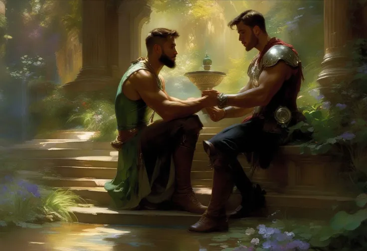 futuristic epic fantasy, science fiction, high-tech, dynamic, magical.
a homoerotic, homoromantic, gay, loving, exciting, steamy, magnificent, sensual, visceral, amazing, sexy, intense, dramatic masterpiece (by Daniel F Gerhartz|Gaston Bussiere|Maximilian Pirner:1.9) of two men deeply in love, named R and M.
M and R are both in their early 30s, extremely attractive, virile, powerful, masculine, hairy, strong, desirable, hunky, and manly. M and R are wearing futuristic clothing resembling Robin Hood.
a warm, gentle, tender, loving, comforting embrace.
R is a short, brown-skinned, muscular, iraqi man, with very short hair, and a perfect beard. He is shorter than M.
M is a tall, dark-tan-skinned, athletic, mexican protector, with very short hair, and a short beard. He is taller than R.
The setting is indoors. the time is midnight. it is many years in the future.
The overall mood is provocative, passionate, expressive, sensual, magical, and visceral, evocative of gay romance, gravitas, and love.
extremely detailed, soft romantic lighting, romantic mood, romantic atmospheric, shadowplay, vignette.