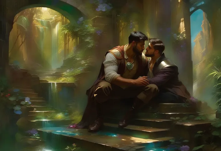 futuristic epic fantasy, science fiction, high-tech, legendary, dynamic, romantic, whimsical, magical, mythical.
a homoerotic, homoromantic, gay, loving, exciting, steamy, magnificent, sensual, visceral, amazing, sexy, intense, dramatic masterpiece (by Daniel F Gerhartz|Gaston Bussiere|Maximilian Pirner:1.9) of two men in love named R and M.
M and R are both in their early 30s, extremely attractive, virile, powerful, masculine, hairy, strong, desirable, hunky, and manly. M and R are wearing futuristic clothing resembling Robin Hood.
R is a short, brown-skinned, muscular, iraqi man, with very short hair, and a perfect beard. He is shorter than M.
M is a tall, dark-tan-skinned, athletic, mexican protector, with very short hair, and a short beard. He is taller than R.
The setting is indoors. the time is late at night. a warm, gentle, tender, loving, comforting embrace.
The overall mood is provocative, passionate, expressive, sensual, magical, and visceral, evocative of gay romance, gravitas, and love.
extremely detailed, romantic lighting, romantic mood, romantic atmospheric, shadowplay, vignette.