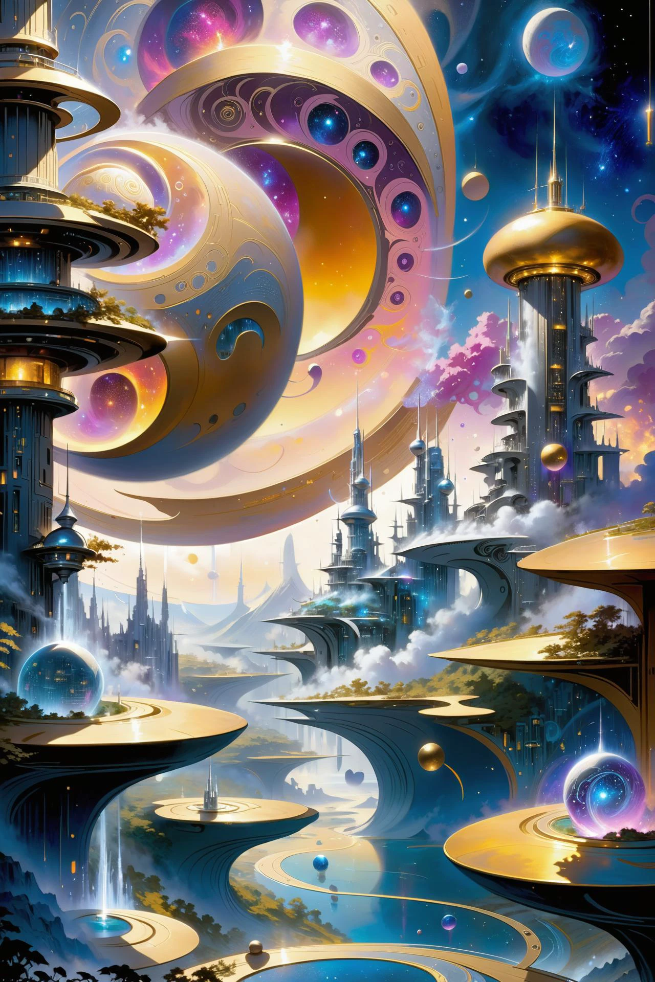 futuristic city made of shiny golden towers, floating_glowing_arcane_swirls_made_of_mist, golden sky, silver moons, dramatic color palette <lora:EnvyFutureUtopiaXL01:1> <lora:add-detail-xl:2> misc <lora:DonMW15pXL:0.5> DonMW15pXL, the head of a <lora:John Berkey Style:1> John Berkey Style page, (masterpiece:1.2), best quality, (hyperdetailed, highest detailed:1.2), high resolution textures, <lora:EnvyBetterHiresFixXL01:1>