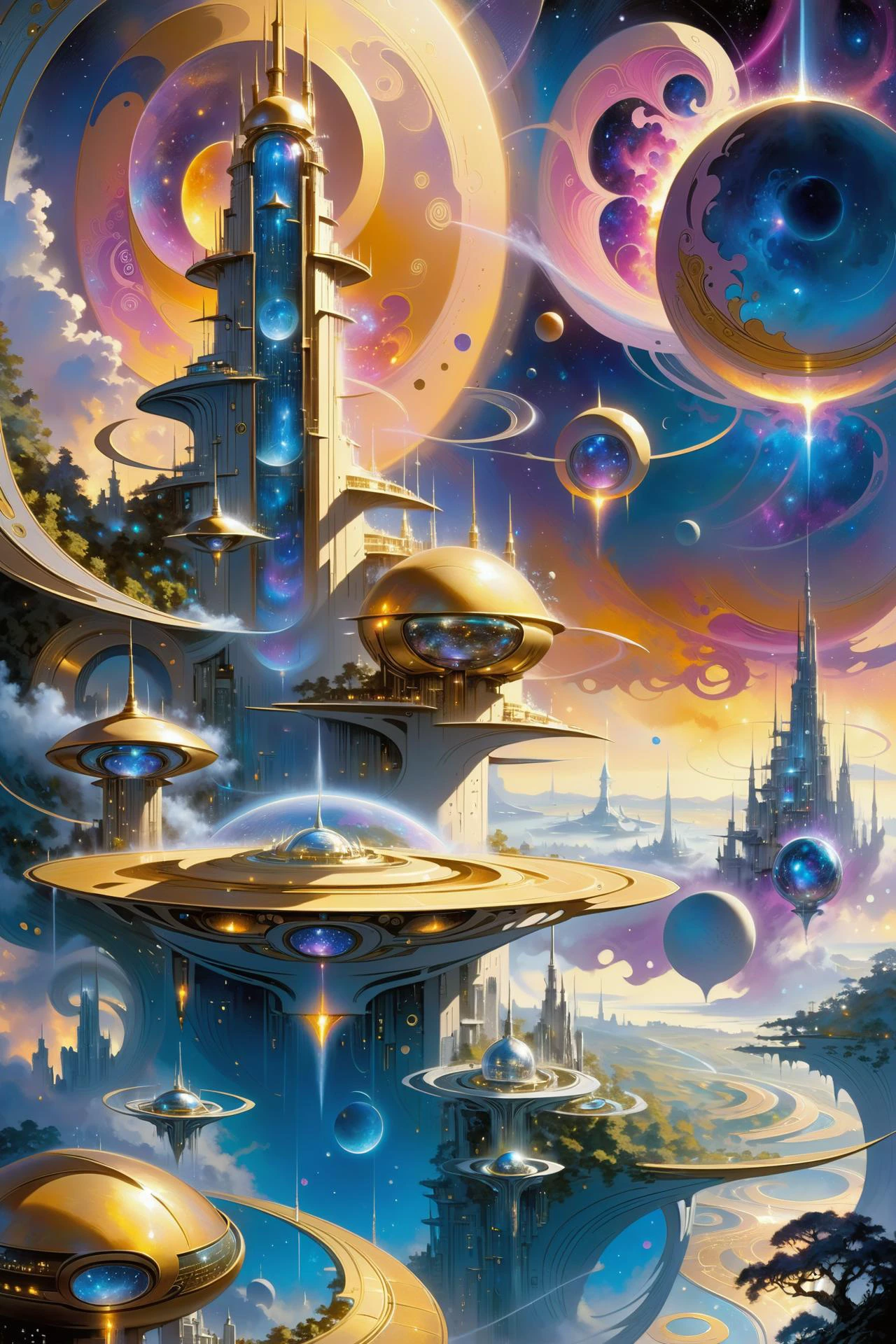 futuristic city made of shiny golden towers, floating_glowing_arcane_swirls_made_of_mist, golden sky, silver moons, dramatic color palette <lora:EnvyFutureUtopiaXL01:1> <lora:add-detail-xl:2> misc <lora:DonMW15pXL:0.5> DonMW15pXL, the head of a <lora:John Berkey Style:1> John Berkey Style page, (masterpiece:1.2), best quality, (hyperdetailed, highest detailed:1.2), high resolution textures, <lora:EnvyBetterHiresFixXL01:1>