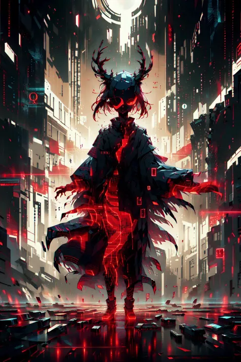 (dark theme,red theme,style of Yuko Shimizu:1.5),
(extremely detailed CG unity 16k wallpaper,best quality,extreme quality,masterpiece,ultra-detailed,backlight,:1.3),
(1 madness female warrior,glowing red eyes, looking at viewer,evil,red warning windows that keep popping up :1.4),
(extreme horror theme,frightening,:1.2),
<lora:Silhouette:0.7> silhouette, light particles,deep sea <lora:ExplosionMagic:0.8> explosionmagic , excessive energy, smoke, glowing aura
(only zero and one, binary code:1.5),binary code and digital art, digital art, <lora:binarycode:0.8>,
GlitchingBodyPart, glitching ,(glitching body's special effect:1.2)<lora:GlitchingBodyPart:0.7>,
cinematic lighting, punk, mysterious, ray tracing, 8k, <lora:derpd - DerpdeedooStyle:1> derpd, solo, standing, holding, weapon, armor, sword, helmet, horns