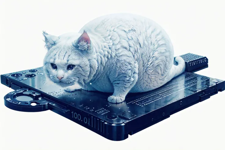 (white theme,:1.6),(floating texts of fat:1.3),
(extremely detailed CG unity 16k wallpaper,best quality,extreme quality,masterpiece,ultra-detailed,backlight,:1.3),
(perfect cat,1 cat,solo,very fat,the body is round, binary code, digital art,only zero and one, :1.3)glitching, <lora:binarycode:0.8> <lora:sadcatmeme:0.7> (sadcatmeme, crying,:1.3), <lora:Round_animal:0.7> round animal
