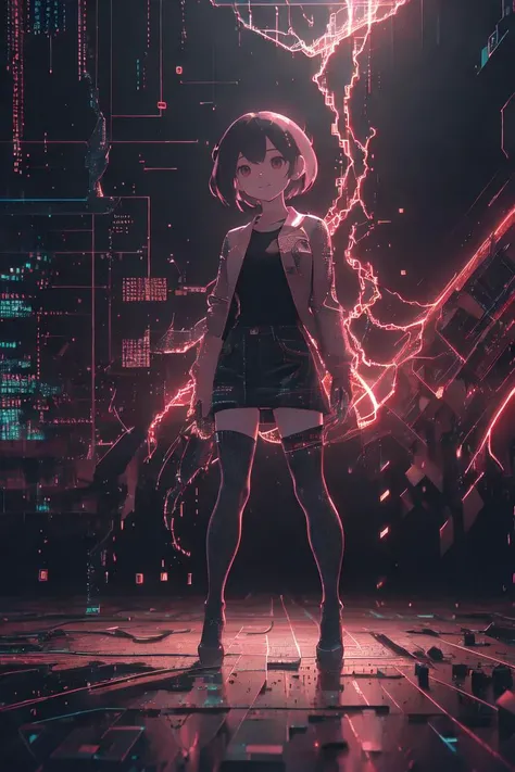 (masterpiece, best quality, ultra detailed, hyper realistic, photo), delicate pattern, detailed background,
binary code and digital art, binary code, digital art, only zero and one, <lora:binarycode:0.8>,
hologram, virtual space,
1girl, solo, squint and laugh, cute,
cowboy shot, action pose, from below,
<lora:ç¼çå:0.3>,
GlitchingBodyPart, glitch, <lora:GlitchingBodyPart:0.3>,
<lora:add_detail:-1.5>,
red tone, cinematic lighting, punk, mysterious, ray tracing, 8k,