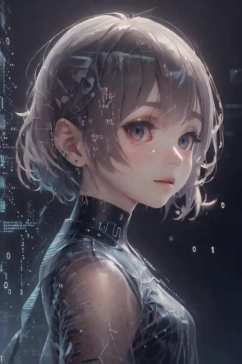 (masterpiece, best quality, ultra detailed, hyper realistic, photo), delicate pattern, detailed background, 
1girl, solo, , cute, 
cowboy shot, from side, turn one's face away, looking at viewer,
binary code and digital art, binary code, digital art, only zero and one, <lora:binarycode:0.8>,
hologram, virtual space, 
<lora:add_detail:-0.5>,
light brown tone, cinematic lighting, punk, mysterious, ray tracing, 8k,