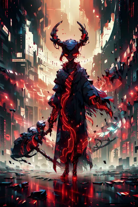 (dark theme,red theme,style of Yuko Shimizu:1.5),
(extremely detailed CG unity 16k wallpaper,best quality,extreme quality,masterpiece,ultra-detailed,backlight,:1.3),
(1 madness robot female warrior,glowing red eyes, looking at viewer,evil,many red warning windows :1.4),(giant binary code and digital art wings,glowing robot eyes,holding giant digital art mechanical scythe:1.5) ,
(extreme horror theme,frightening,:1.2),
<lora:Silhouette:0.7> silhouette, light particles,deep sea <lora:ExplosionMagic:0.8> explosionmagic , excessive energy, smoke, glowing aura
(only zero and one, binary code:1.5),binary code and digital art, digital art, <lora:binarycode:0.8>,
GlitchingBodyPart, glitching ,(glitching body's special effect:1.2)<lora:GlitchingBodyPart:0.7>,
cinematic lighting, punk, mysterious, ray tracing, 8k, <lora:derpd - DerpdeedooStyle:1> derpd, solo, (standing, holding, weapon, armor,giant sword, helmet, horns:1.3)