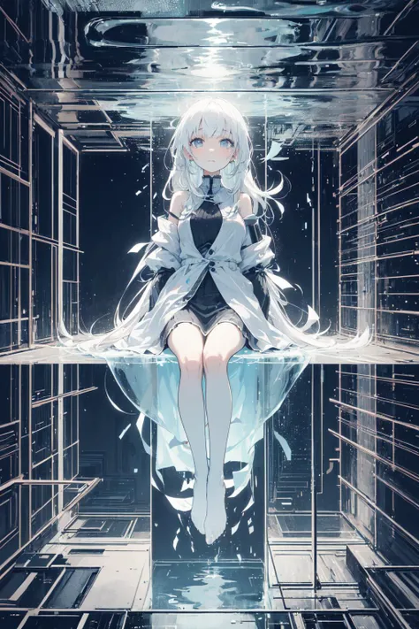 (full body,masterpiece, best quality, ultra detailed, hyper realistic, photo, delicate pattern, detailed background,:1.3),
(very lonly child,1 sad *********** with vary long white hair trying to hold back her tears,perfect detail eyes,beautiful detailed eyes,sitting,staring at viewer, listlessness, absentmindedness,close mouth:1.5),
(glitching body, body gradually becomes transparent and disintegrates,afloat,:1.5),
binary code and digital art, (binary code,only zero and one:1.5), <lora:binarycode:0.4>,
hologram, virtual space, wireframe,