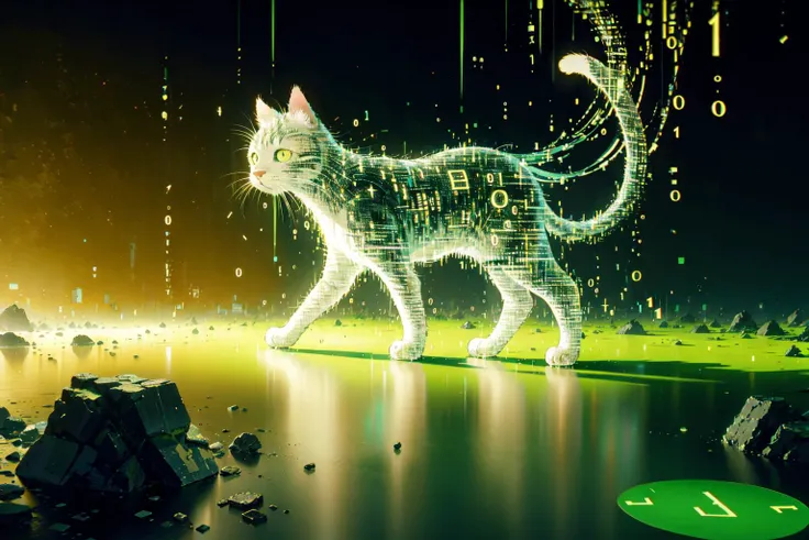 (bright yellow theme:1.3),
(extremely detailed CG unity 16k wallpaper,best quality,extreme quality,masterpiece,ultra-detailed,backlight,:1.3), 
(perfect cat,1 cat,solo, binary code, digital art,only zero and one, :1.3)glitching,  <lora:binarycode:0.8>