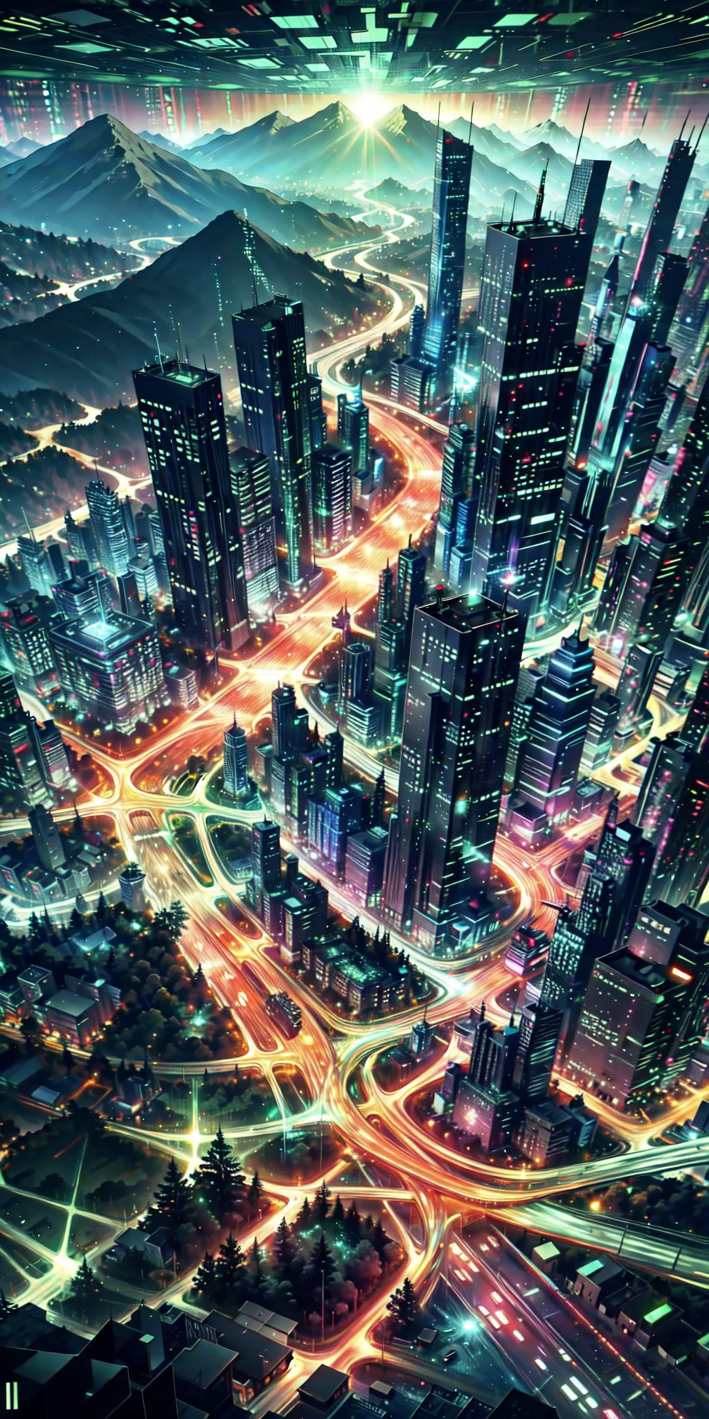 top view,(a sci-fi city built around a mountain, forest:1.3),solemn,sacred,
scenery, sky, cloud, outdoors, city, fantasy, building,waterfalls, <lora:binarycode:0.8> (binary code:1.3),