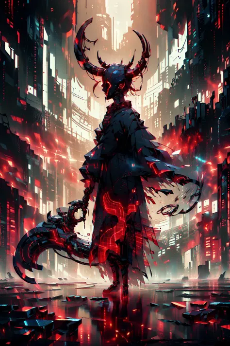 (dark theme,red theme,style of Yuko Shimizu:1.5),
(extremely detailed CG unity 16k wallpaper,best quality,extreme quality,masterpiece,ultra-detailed,backlight,:1.3),
(1 madness robot female warrior,glowing red eyes, looking at viewer,evil,many red warning windows :1.4),(giant binary code and digital art wings,glowing robot eyes,holding giant digital art mechanical scythe:1.5) ,
(extreme horror theme,frightening,:1.2),
<lora:Silhouette:0.7> silhouette, light particles,deep sea <lora:ExplosionMagic:0.8> explosionmagic , excessive energy, smoke, glowing aura
(only zero and one, binary code:1.5),binary code and digital art, digital art, <lora:binarycode:0.8>,
GlitchingBodyPart, glitching ,(glitching body's special effect:1.2)<lora:GlitchingBodyPart:0.7>,
cinematic lighting, punk, mysterious, ray tracing, 8k, <lora:derpd - DerpdeedooStyle:1> derpd, solo, (standing, holding, weapon, armor,helmet, horns:1.3)