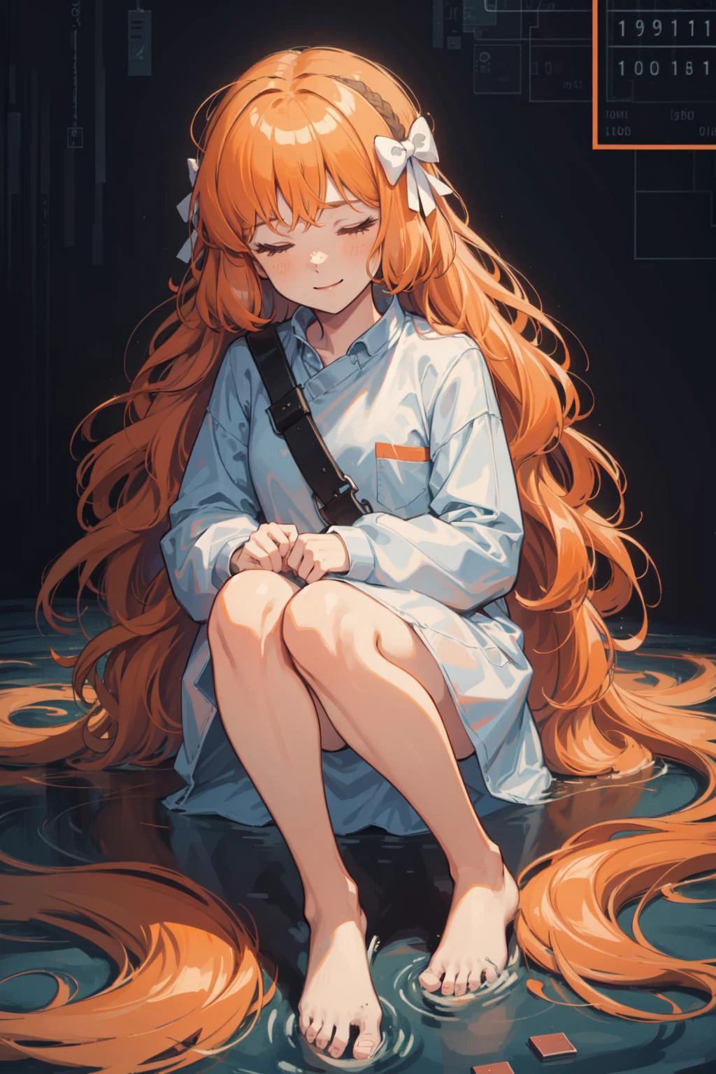 (full body,masterpiece, best quality, ultra detailed, hyper realistic, photo, delicate pattern, detailed background,:1.3),
(alone, child:1.5),(1 girl ,vary long orange wavy hair, sleeping,close eyes,close mouth,an undetectable smile:1.6),
sitting,listlessness, absentmindedness,
(translucent body,afloat:1.5),
binary code and digital art, (binary code,only zero and one:1.5), <lora:binarycode:0.4>,
hologram, virtual space, wireframe,
<lora:ishmael-limbus-v4-wasabiya:1> ishmael,
