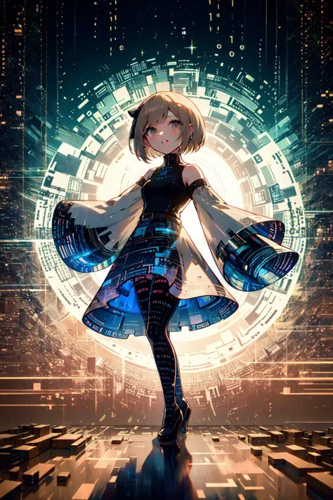 (masterpiece, best quality, ultra detailed, delicate pattern, detailed background,light brown tone,:1.5),
(only zero and one, binary code:1.5),binary code and digital art, digital art,  <lora:binarycode:0.8>,
hologram, virtual space,
1girl, solo, grin, cute,
cowboy shot, action pose, from behind,
GlitchingBodyPart, glitching ,(glitching body's special effect:1.2)<lora:GlitchingBodyPart:0.7>,
cinematic lighting, punk, mysterious, ray tracing, 8k,