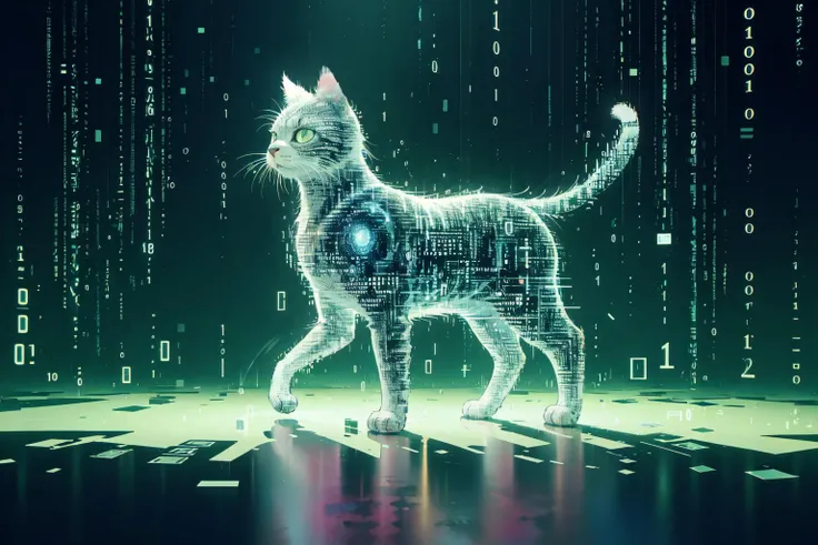 (extremely detailed CG unity 16k wallpaper,best quality,extreme quality,masterpiece,ultra-detailed,backlight,:1.3),
(perfect cat,1 cat,solo, binary code, digital art,only zero and one, :1.3)glitching, <lora:binarycode:0.8>