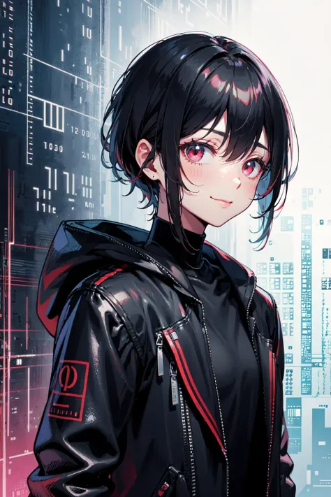 highres, sharp focus, pixiv masterpiece, ((intricate details)), highly detailed, upper body, red eyes, black hair, bags under eyes, suit,evil smile,<lora:binarycode:0.3> (binary code and digital art,only zero and one:1.5)