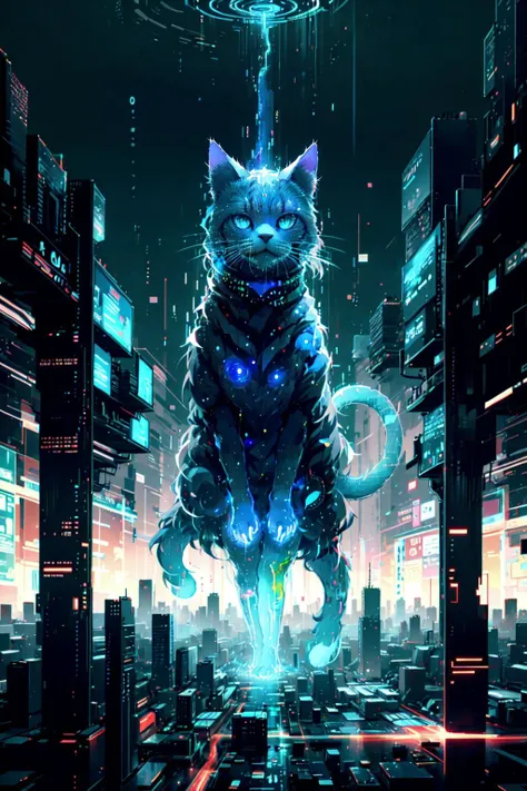 (extremely detailed CG unity 16k wallpaper,best quality,extreme quality,masterpiece,ultra-detailed,:1.3),(a glowing cat made out of binary code:1.4),
 <lora:MJ Style:0.6> midjourney style, space <lora:binarycode:0.6> binary code, digital art,only zero and one,