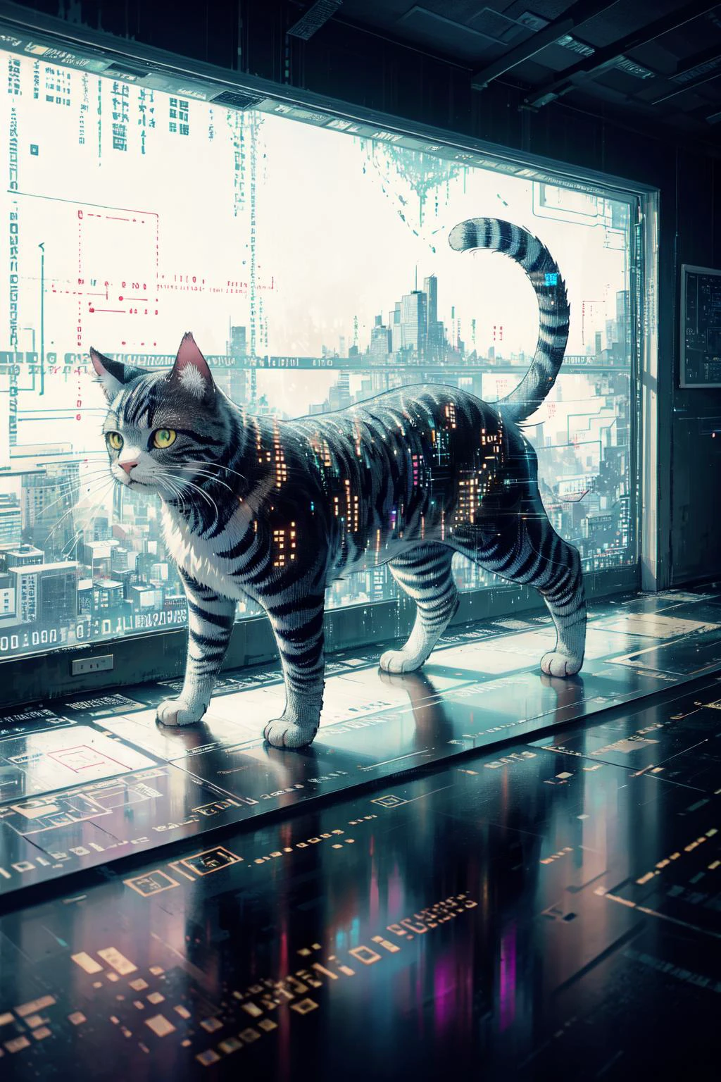 (extremely detailed CG unity 16k wallpaper,best quality,extreme quality,masterpiece,ultra-detailed,backlight,:1.3),
(perfect cat,1 cat,solo, binary code, digital art,only zero and one, :1.3) <lora:binarycode:0.8>