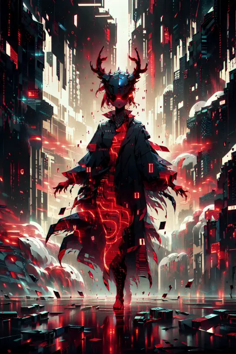 (dark theme,red theme,style of Yuko Shimizu:1.5),
(extremely detailed CG unity 16k wallpaper,best quality,extreme quality,masterpiece,ultra-detailed,backlight,:1.3),
(1 madness female warrior,glowing red eyes, looking at viewer,evil,red warning windows that keep popping up :1.4),
(extreme horror theme,frightening,:1.2),
<lora:Silhouette:0.7> silhouette, light particles,deep sea <lora:ExplosionMagic:0.8> explosionmagic , excessive energy, smoke, glowing aura
(only zero and one, binary code:1.5),binary code and digital art, digital art, <lora:binarycode:0.8>,
GlitchingBodyPart, glitching ,(glitching body's special effect:1.2)<lora:GlitchingBodyPart:0.7>,
cinematic lighting, punk, mysterious, ray tracing, 8k, <lora:derpd - DerpdeedooStyle:1> derpd, solo, (standing, holding, weapon, armor,giant sword, helmet, horns:1.3)