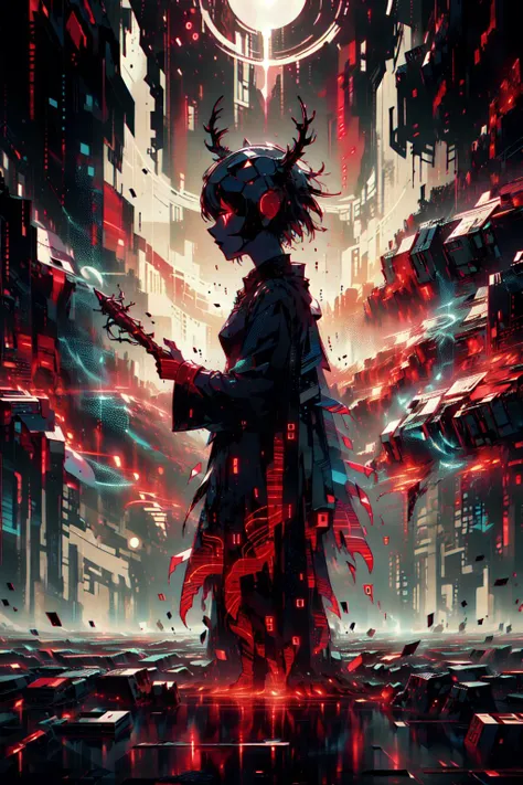 (dark theme,red theme,style of Yuko Shimizu:1.5),
(extremely detailed CG unity 16k wallpaper,best quality,extreme quality,masterpiece,ultra-detailed,backlight,:1.3),
(1 crazy female warrior,glowing red eyes, looking at viewer,evil,red warning windows that keep popping up :1.4),
(extreme horror theme,frightening,:1.2),
<lora:Silhouette:0.7> silhouette, light particles,deep sea <lora:ExplosionMagic:0.8> explosionmagic , excessive energy, smoke, glowing aura
(only zero and one, binary code:1.5),binary code and digital art, digital art,  <lora:binarycode:0.8>,
GlitchingBodyPart, glitching ,(glitching body's special effect:1.2)<lora:GlitchingBodyPart:0.7>,
cinematic lighting, punk, mysterious, ray tracing, 8k, <lora:derpd - DerpdeedooStyle:1> derpd, solo, standing, holding, weapon, armor, sword, helmet, horns