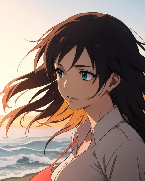 An anime girl standing on a beach, waves crashing in the background. Beautiful, dynamic angle, bright colors, detailed face, flowing hair, wind blowing through hair. In the style of Makoto Shinkai, with a realistic and cinematic aesthetic. 
Keywords: anime girl, beach, Makoto Shinkai, realistic, cinematic, bright colors, wind blowing through hair, detailed face, flowing hair, sparkling eyes.