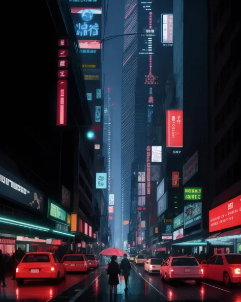 [Anime girl standing in the rain, neon lights, city at night. By Katsuhiro Otomo, Gorgeous anime cityscape, cyberpunk, neon lights, futuristic skyscrapers, bustling streets. By Yoji Shinkawa]