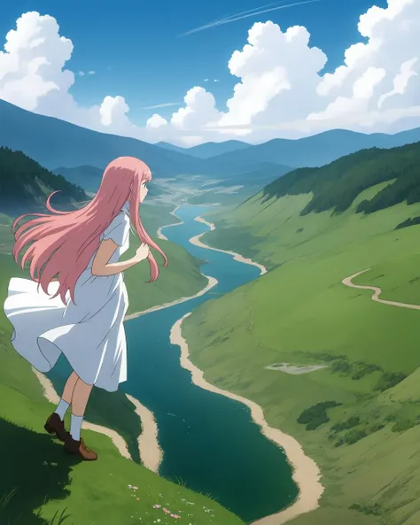 A dynamic closeup of a beautiful girl with long pink hair dressed in a flowing white dress, flowers in her hair and hands, in the style of Miyazaki and Studio Ghibli. The girl is on a cliffside overlooking a vast meadow, illuminated by the sun. In the distance, a city can be seen through the clouds. In the background, a towering mountain range. In the foreground, a wide river flowing. In the style of a pastel painting, with a whimsical, fantastical aesthetic. By Hayao Miyazaki.