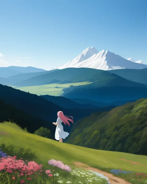 A dynamic closeup of a beautiful girl with long pink hair dressed in a flowing white dress, flowers in her hair and hands, in the style of Miyazaki and Studio Ghibli. The girl is on a cliffside overlooking a vast meadow, illuminated by the sun. In the distance, a city can be seen through the clouds. In the background, a towering mountain range. In the foreground, a wide river flowing. In the style of a pastel painting, with a whimsical, fantastical aesthetic. By Hayao Miyazaki.
