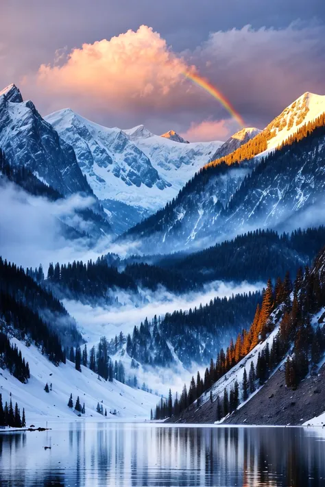 A rainbow over a mountain lake surrounded by snow capped peaks, Chromatic, (Comic Book), Floral, ambient light, backlight masterpiece, realistic, award winning, volumetric light and fog, subsurface scattering, caustics, bloom, perfect exposure, perfect composition, rule of thirds, 8k, hdr10, cinematic, breathtaking, ray tracing <lora:add_detail:0.85> <lora:LAS:0.5> (eonn:0.75)