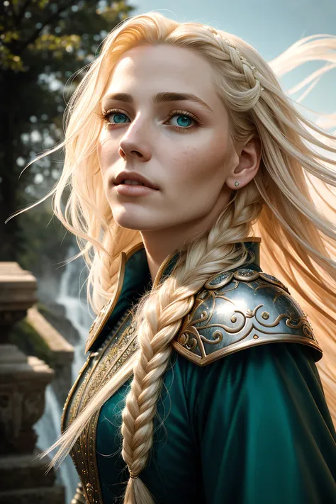 (portrait), ((highest quality, masterpiece)), 1 girl, adult woman, coral eyes, light blonde waterfall braid, portrait, looking up, solo, half shot, detailed background, (victorian theme:1.1), angelic face, divine fury, crusader, dark couds, floating scraps, green plate armor, divine ray of light, bright realistic lighting, heavenly landscape, hood, coat of arms, tabard, hair blowing in wind,, intricate, detailed, detailed clothing, perfect lighting, perfect shading, volumetric lighting, subsurface scattering, beautiful, stunning, gorgeous, dynamic pose, perfect body, beautiful eyes, (90's fantasy art), (fantasy painting), hyperrealistic, (retro), (photorealistic:1.65), (realistic:1.5), (mature adult:1.55)