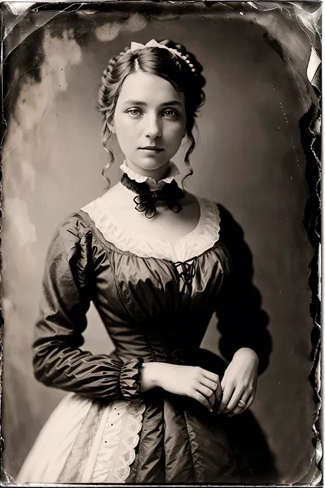 studio portrait of VeronicaCipher, victorian woman, wearing high collar victorian gown, lace, satin, jaquard, 1800s, analog, grainy, dust, scratches, blurry, Daguerreotype, Gelatin silver, Collodion_Photo, sepia <lora:LowRA:0.8> <lora:Collodion_Photo:0.95>