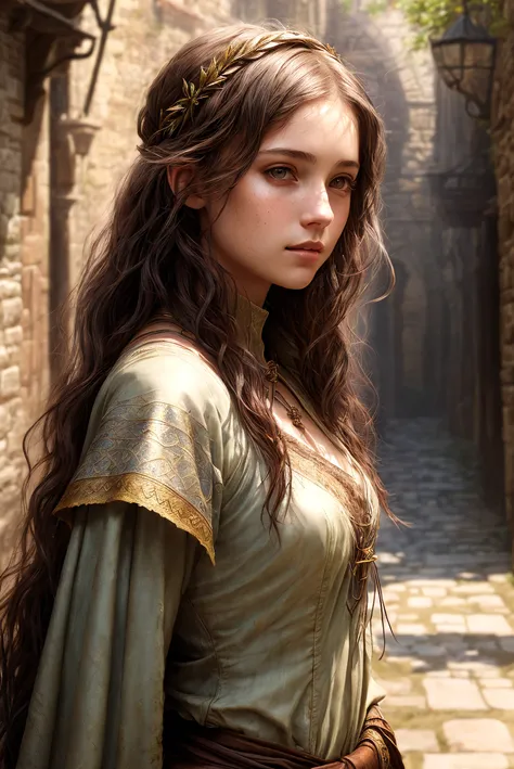 (medieval fantasy art), 1girl, beautiful, perfect face, petite, torn clothes, peasant, messy hair, dirty clothes, torn fabric, lost in alley, dnd, fantasy, (masterpiece, photorealistic, absurdres), dappled sunlight, studio lighting, <lora:add_detail:0.8>